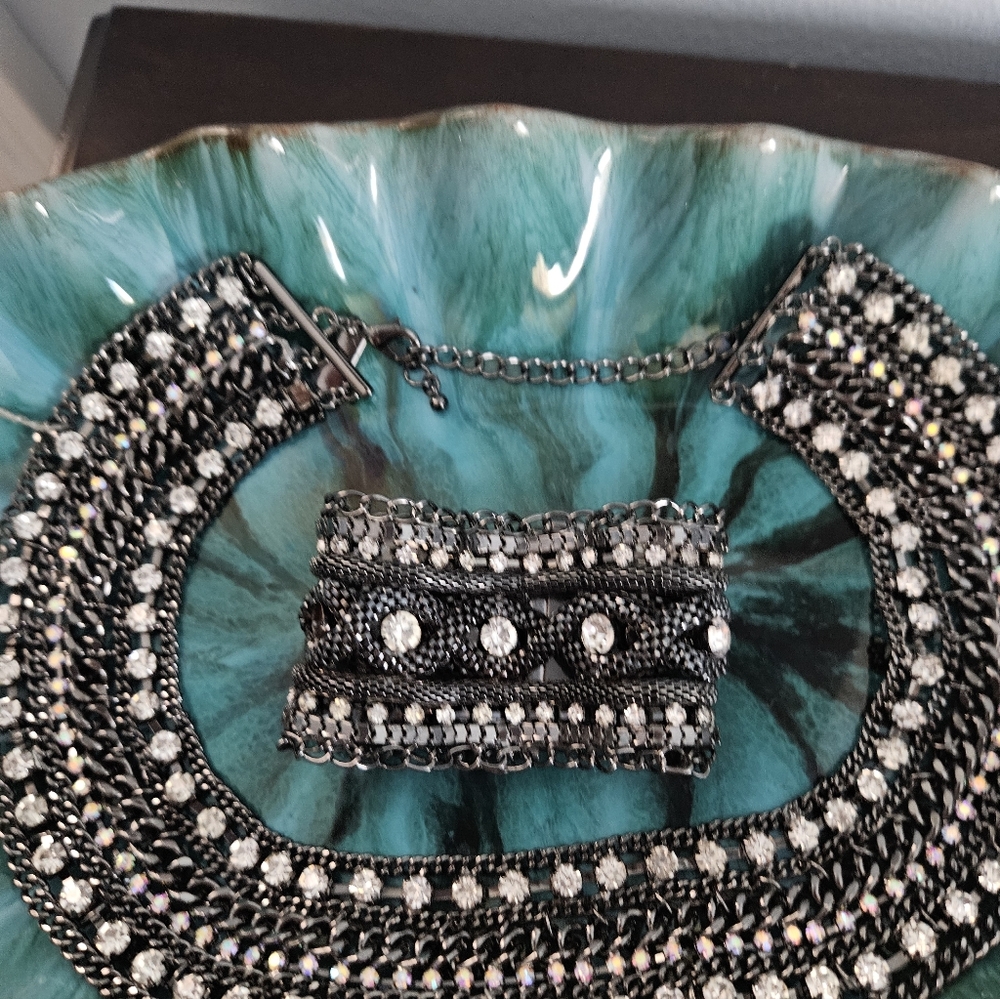 Black and Silver Statement Necklace and Bracelet Set